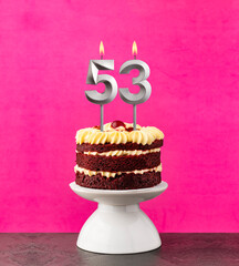 Red velvet cake - Birthday number 53 on a pink background.