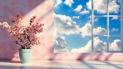 Wall Mural - A pink-flowered plant sits in a blue pot against a pink wall with a window overlooking a blue sky with white clouds