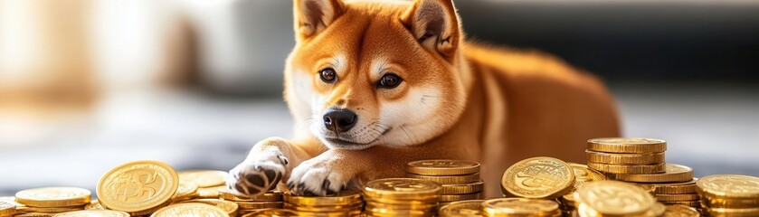 Shiba Inu with paw on a stack of gold coins, confident look, prosperity concept