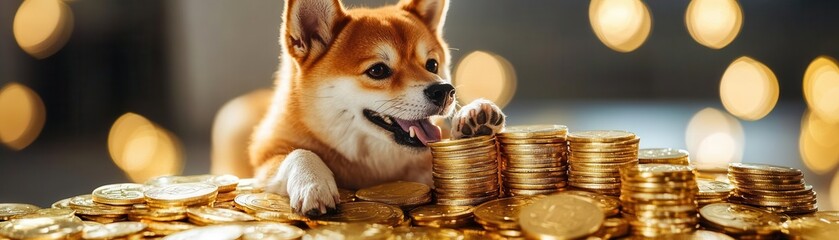 Shiba Inu with paw on a stack of gold coins, confident look, prosperity concept