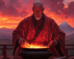 A Japanese man in a red robe, sitting before a pot with fire and mountain in the background.