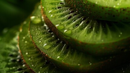 Poster - Kiwi fruit slices stacked together displaying the contrast between skin and flesh