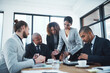 © peopleimages.com - Brainstorming, team and talking in meeting, boardroom and documents of financial report, group or planning. Office, discussion and corporate people with communication, colleagues or insurance company