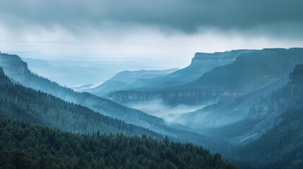 Aufkleber - Layers of mountain ridges and forests beneath a moody sky