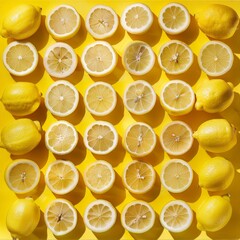 Poster - Lemon background with a symmetrical arrangement of lemon slices and whole lemons