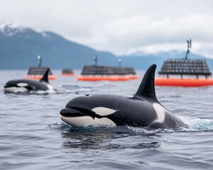 A killer whale swims in the water with buoys in the background.