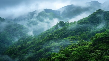 Poster - Lush green mountainsides with misty clouds overhead