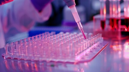 Poster - Medical researcher using pipette to dispense samples into microplate