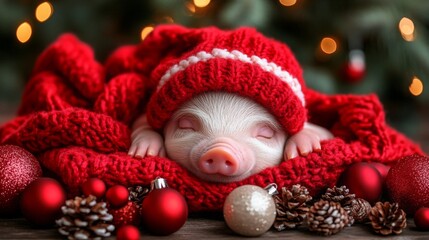 Wall Mural - Cute cozy piggy enjoys snowy winter Christmas banner. Cute happy pig portrait. Seasonal banner design with place for text.