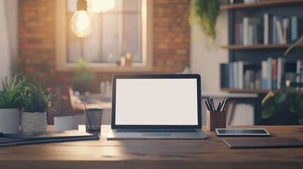 Poster - Modern workspace with monitor laptop tablet smartphone on desk with free space background