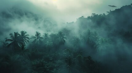 Poster - Morning fog drifting through dense tropical rainforest