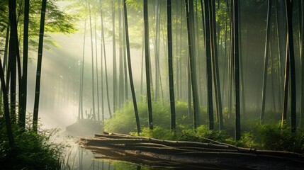 Poster - Morning mist in Japanese bamboo forest with soft light