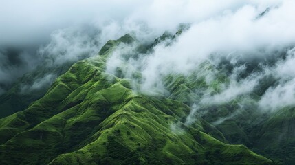 Poster - Mountain slopes covered in greenery with cloud cover