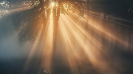 Poster - Morning sun rays creating ethereal glow in foggy forest