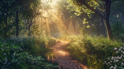 Poster - Mystical forest path glowing under bright sunlight