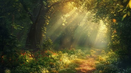 Poster - Mystical forest path glowing under bright sunlight
