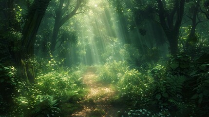 Poster - Mystical forest path glowing under bright sunlight