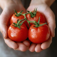 Wall Mural - A pair of hands gently cradling fresh, juicy tomatoes with water droplets, emphasizing their freshness and ripeness.