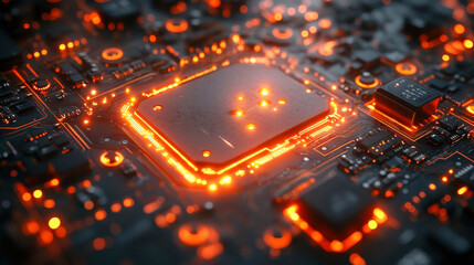 Poster - A close-up view of a circuit board with illuminated orange lines, representing advanced electronics and digital technology