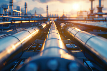 Industrial oil and gas pipes in a petrochemical plant.