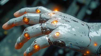 Poster - Close-up of a robotic hand with illuminated orange lights, showcasing intricate machinery and futuristic design