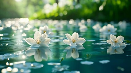 Wall Mural - White blossoms float on a tranquil pond in the early morning light