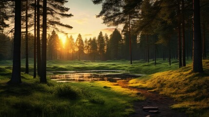 Poster - Peaceful summer forest with green grass bathed in sunset glow