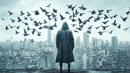 A lone figure in a dark cloak gazes over a cityscape as flocks of birds take flight, creating a sense of mystery and freedom.