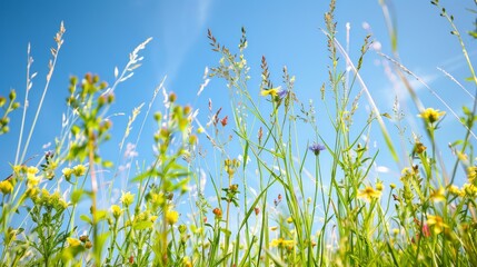 Poster - Picturesque spring meadow with tall grasses swaying in the breeze, interspersed with delicate wildflowers and a clear blue sky stretching overhead.