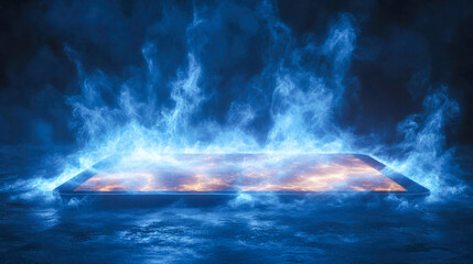 Poster - A tablet emitting blue and orange flames in a dark setting, evoking futuristic technology and energy themes
