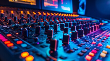 Poster - Professional mixing console with focused faders and controls with clean background