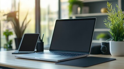 Poster - Professional workspace monitor laptop tablet smartphone on desk with free space