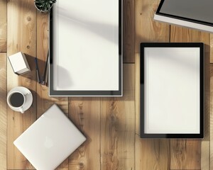 Top view of a wooden desk with a laptop. two blank frames. a cup of coffee. pencils. a plant. and a box of tissues