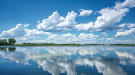 Poster - Puffy white clouds over a tranquil lake