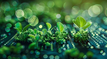 Poster - Radiant green plants on computer chips, defocused electronic backdrop