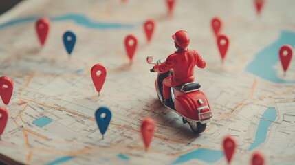 a miniature figurine of a delivery driver on a scooter riding on a map with red and blue location pi