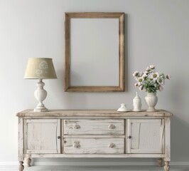 A white distressed wooden console table with two drawers and two doors. a lamp with a patterned lampshade. a framed mirror. and a vase of flowers on top