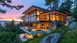 © shah - Modern Cliffside Home with Expansive Glass Walls at Twilight