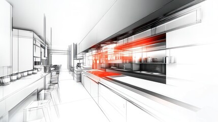 Wall Mural - 3D rendering of a modern kitchen design with white cabinets and a red stove.