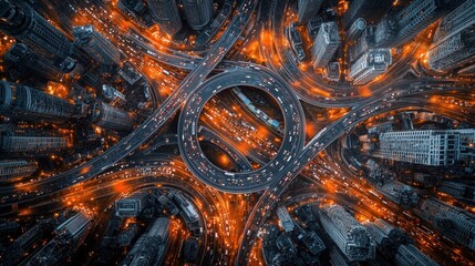 Aerial view of a busy city highway interchange at night.