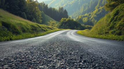 Poster - Serene Austrian asphalt road winding through a picturesque valley