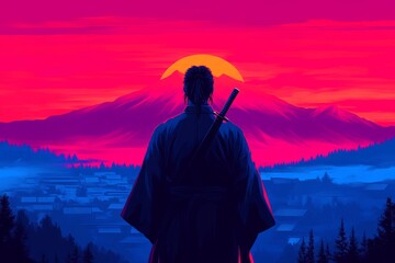 A lone samurai stands on a hilltop overlooking a Japanese village at sunset, his katana drawn.