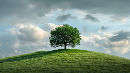 Poster - Single tree on lush hill with dramatic clouds in the background and room for text