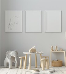 Wall Mural - Minimalist nursery room with white walls. a white table and chairs. a stuffed elephant toy. and framed artwork