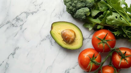 Poster - Sliced avocado, tomatoes, and leafy greens on a marble counter