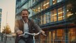 © venusvi - Smiling businessman riding bicycle outside office building after work, looking at camera, modern urban setting