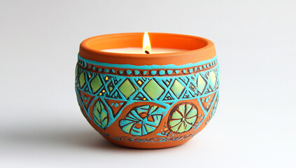 Wall Mural - A beautifully decorated clay candle holder with intricate patterns and vibrant colors