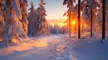 Aufkleber - Snowy trees in winter sunset with soft light and long shadows