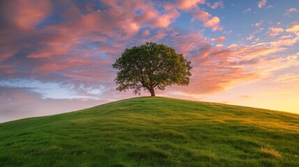 Aufkleber - Solitary oak tree on grassy hill at sunrise with vibrant colors and copy space