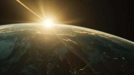 Fototapete - Space view of Earth with sunlight ascending and lighting the sky